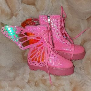 Dolls Kill pink butterfly glitter combat boots